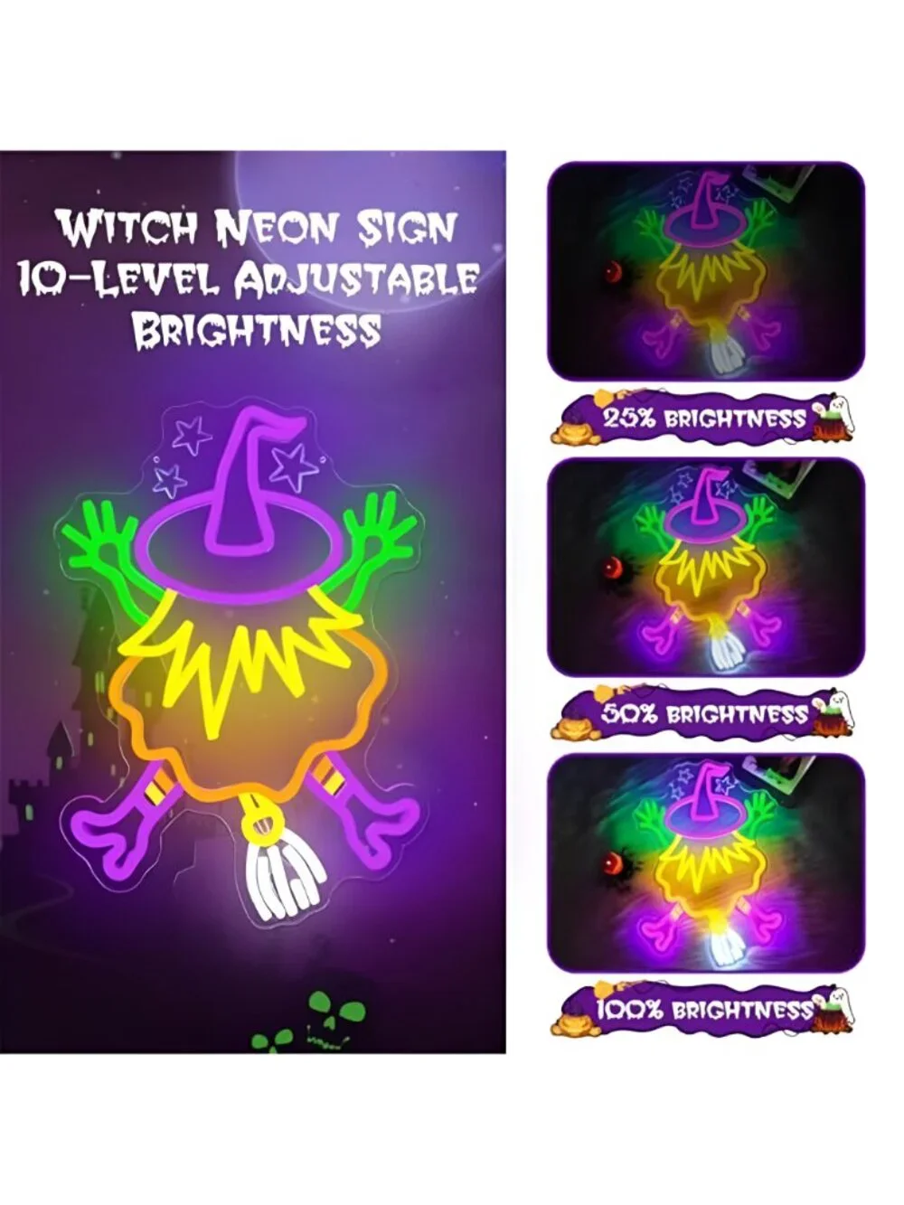 Halloween Neon Sign Witch Halloween Decorations Dimmable Crashing Witch Led